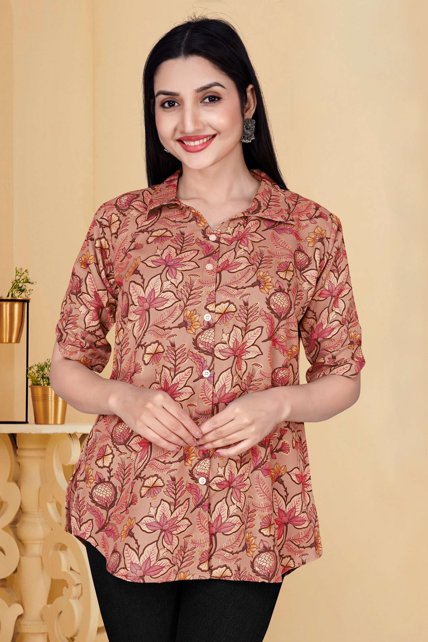 Floral Print Collared Button-Down Cotton Tunic for Women β Casual & Chic