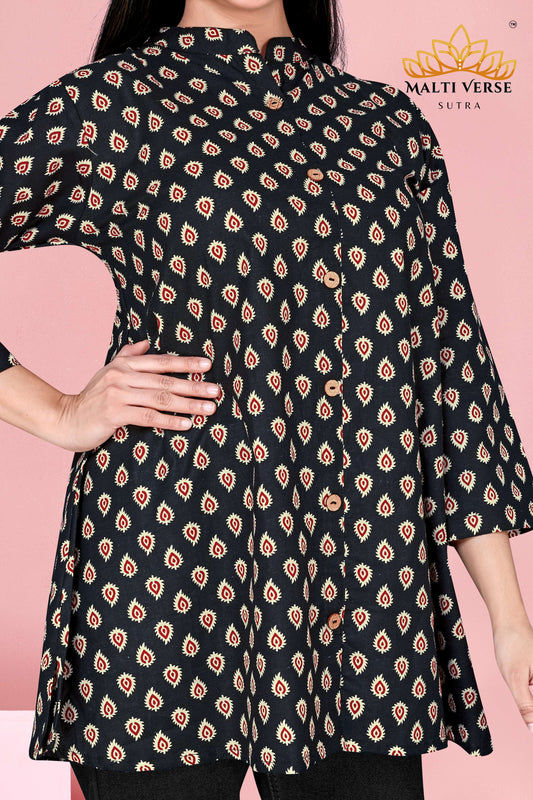 LAZURI BOUTIQUE Women’s Premium Pure Cotton Printed Kurti | Black & Beige Ikat-Inspired Design | Elegant & Comfortable Daily Wear