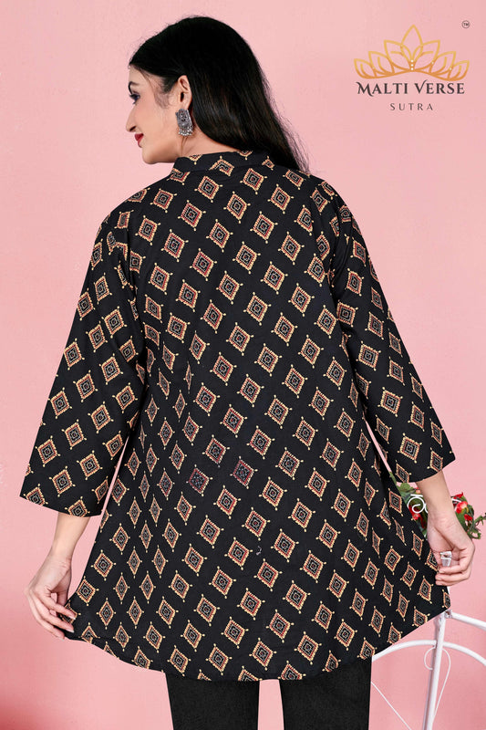 LAZURI BOUTIQUE Women’s Premium Pure Cotton Printed Kurti | Black & Gold Geometric Elegance | Soft & Stylish Everyday Wear