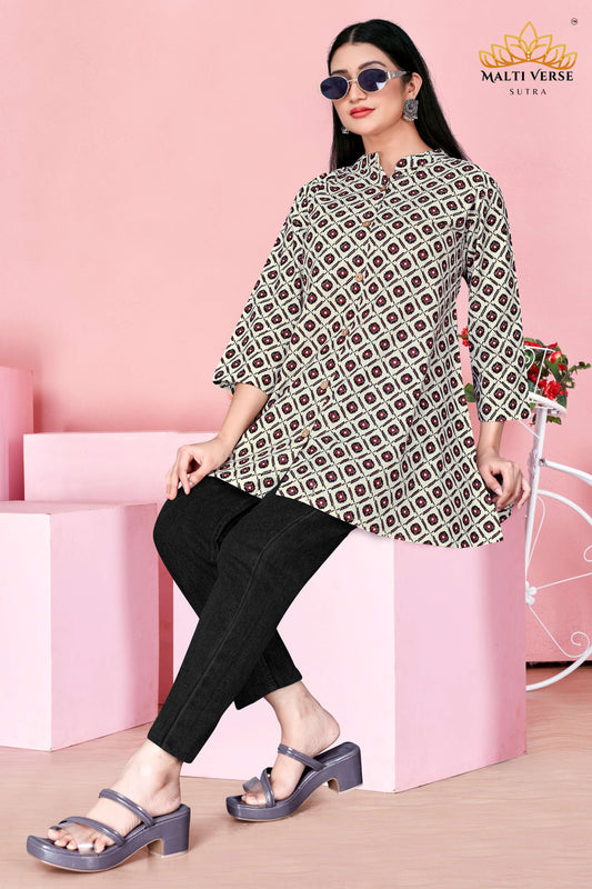 LAZURI BOUTIQUE Women’s Premium Pure Cotton Printed Kurti | Cream & Maroon Geometric Elegance | Stylish & Comfortable Daily Wear