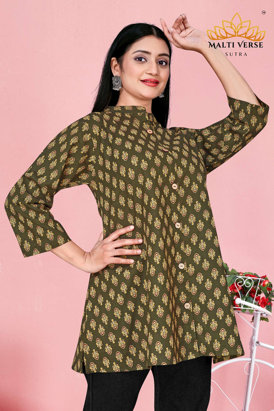 LAZURI BOUTIQUE Women’s Premium 100% PURE COTTON Printed Kurti | Olive Green Floral Elegance | Soft, Stylish & Breathable Daily Wear