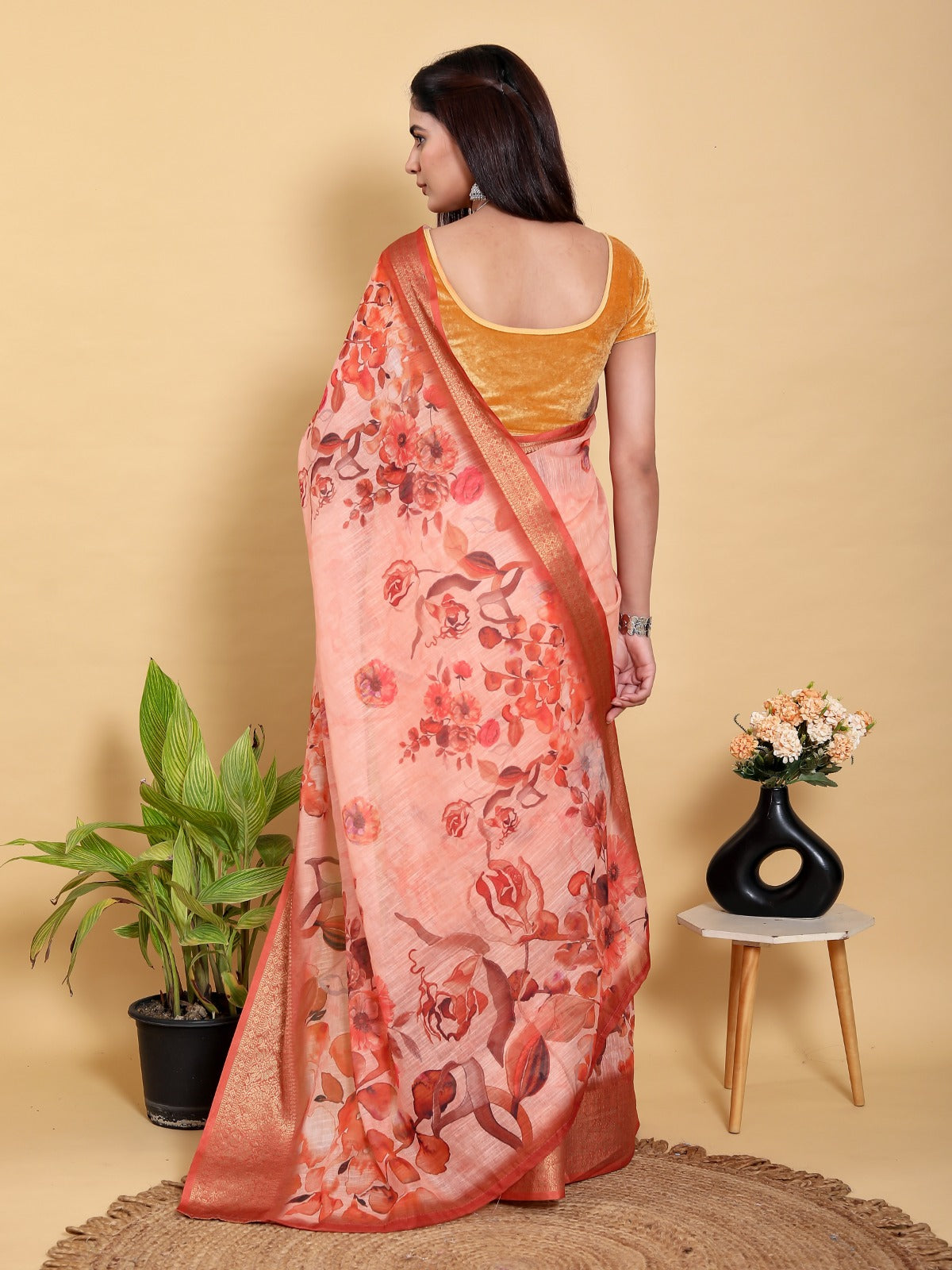 Peach/Orange Floral Printed Saree with Zari Borde