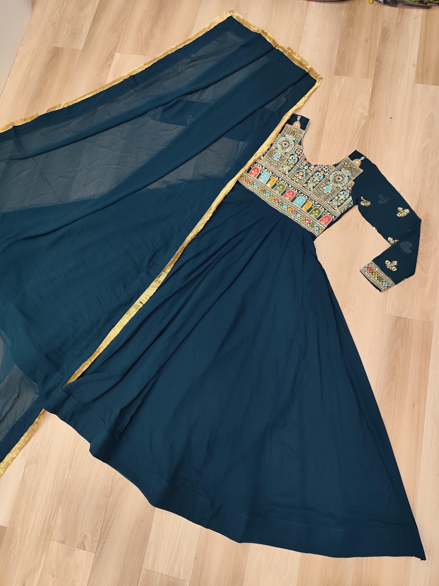 Teal Blue Flared Anarkali Gown with Embroidered Yoke