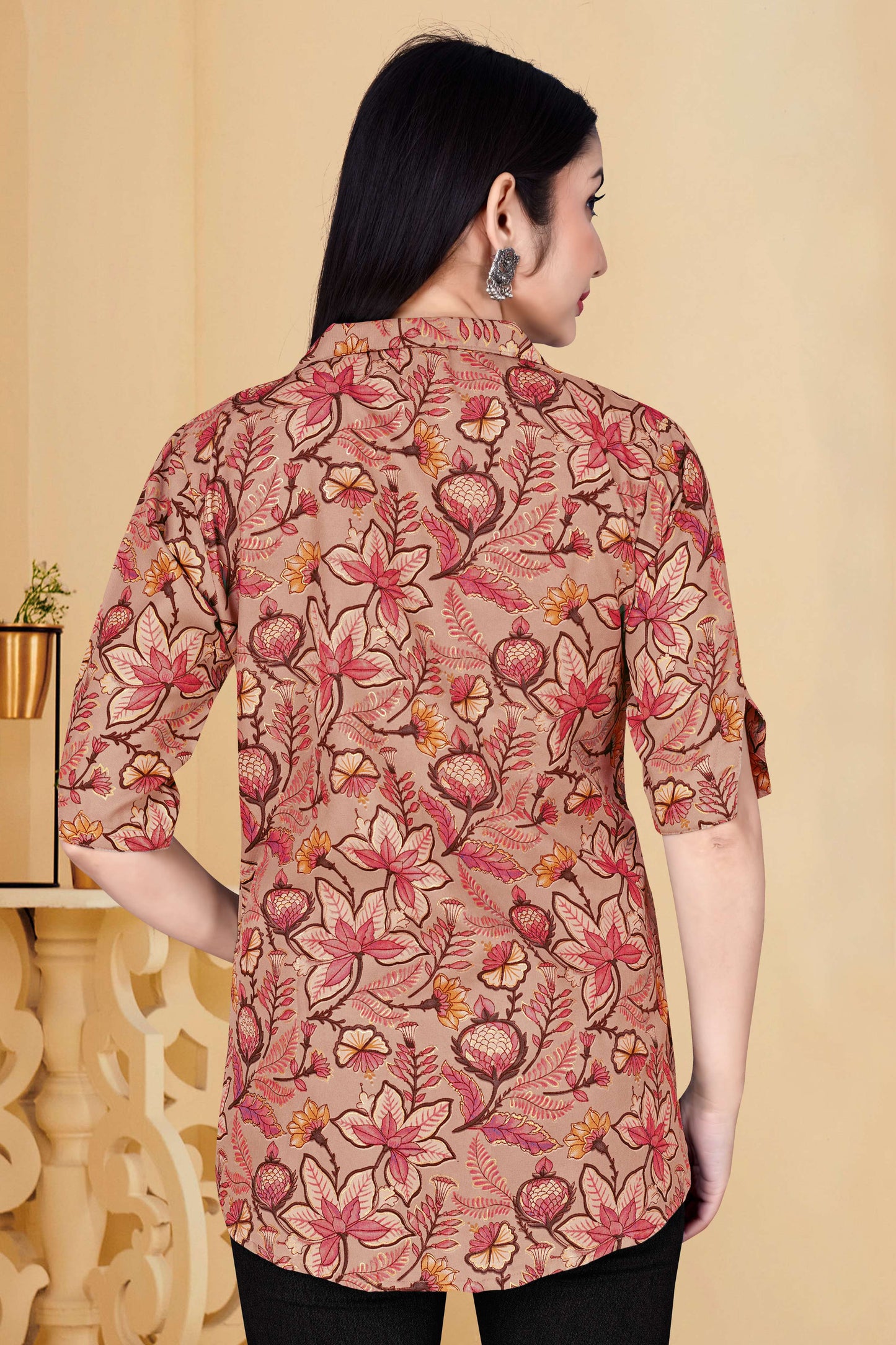 Floral Print Collared Button-Down Cotton Tunic for Women – Casual & Chic