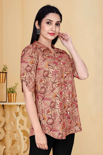 Floral Print Collared Button-Down Cotton Tunic for Women – Casual & Chic