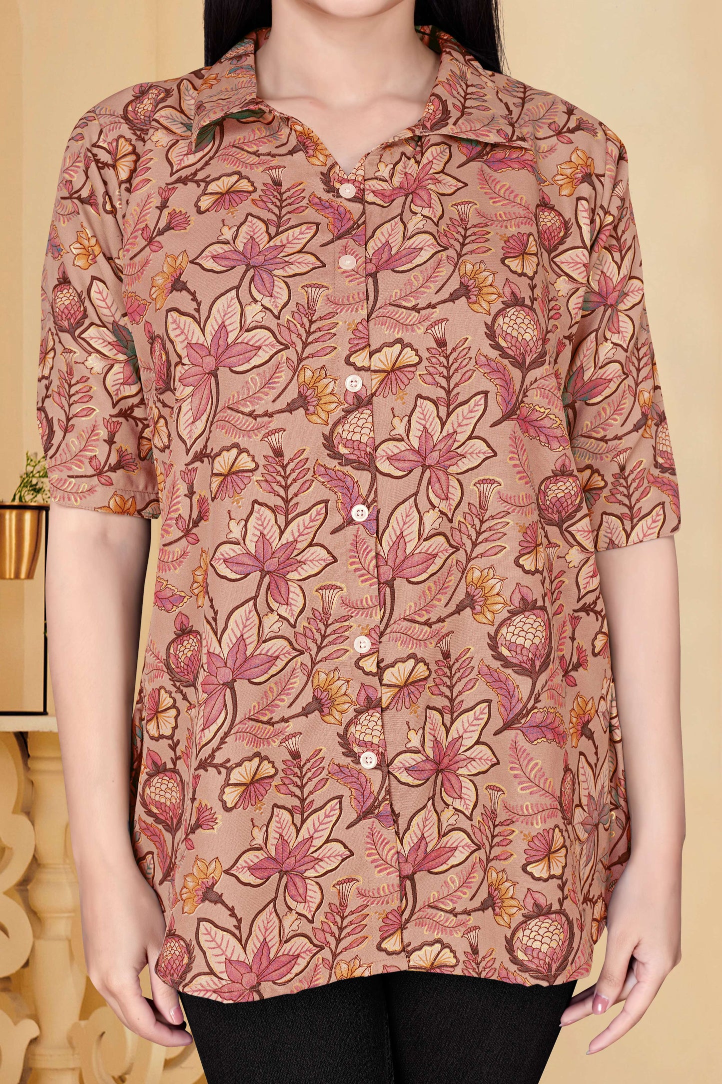 Floral Print Collared Button-Down Cotton Tunic for Women – Casual & Chic