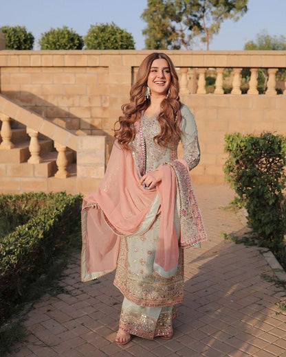 Pastel Mint and Pink Heavily Embroidered Salwar Suit