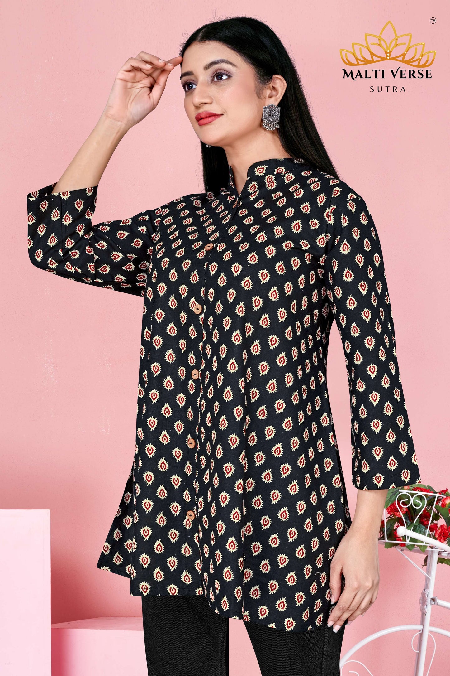LAZURI BOUTIQUE Women’s Premium Pure Cotton Printed Kurti | Black & Beige Ikat-Inspired Design | Elegant & Comfortable Daily Wear