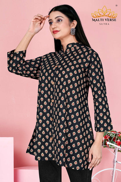 LAZURI BOUTIQUE Women’s Premium Pure Cotton Printed Kurti | Black & Beige Ikat-Inspired Design | Elegant & Comfortable Daily Wear