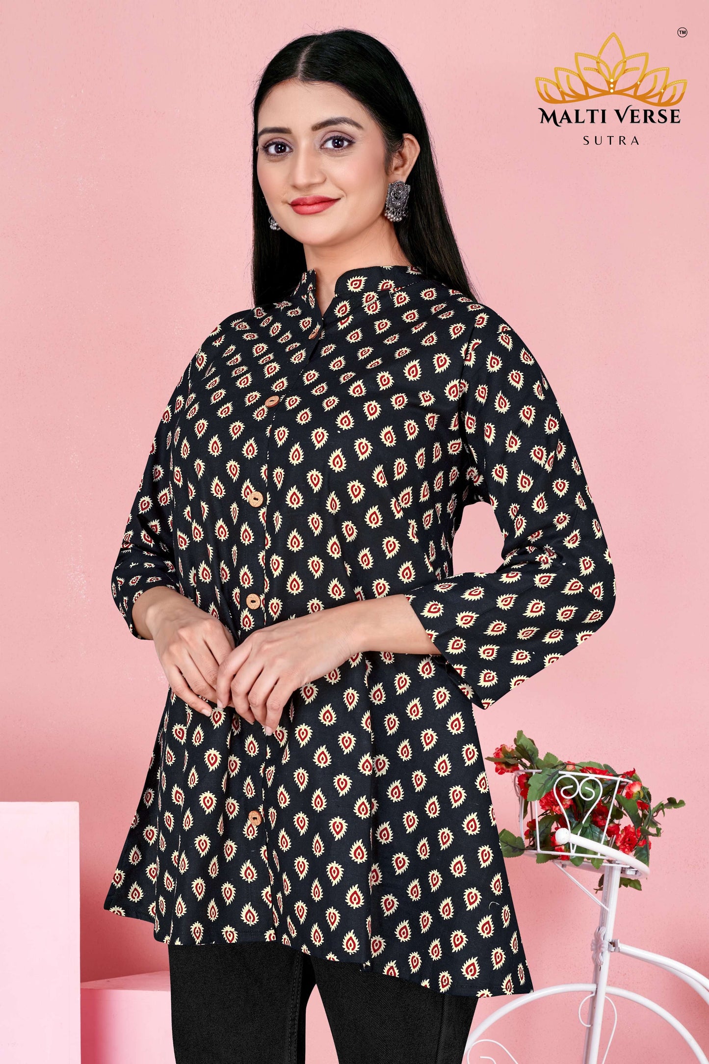 LAZURI BOUTIQUE Women’s Premium Pure Cotton Printed Kurti | Black & Beige Ikat-Inspired Design | Elegant & Comfortable Daily Wear