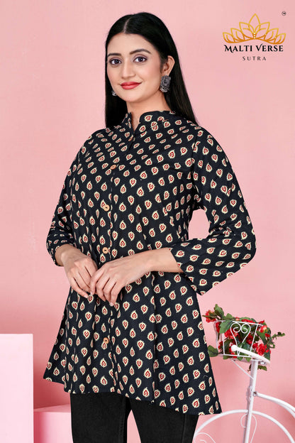 LAZURI BOUTIQUE Women’s Premium Pure Cotton Printed Kurti | Black & Beige Ikat-Inspired Design | Elegant & Comfortable Daily Wear