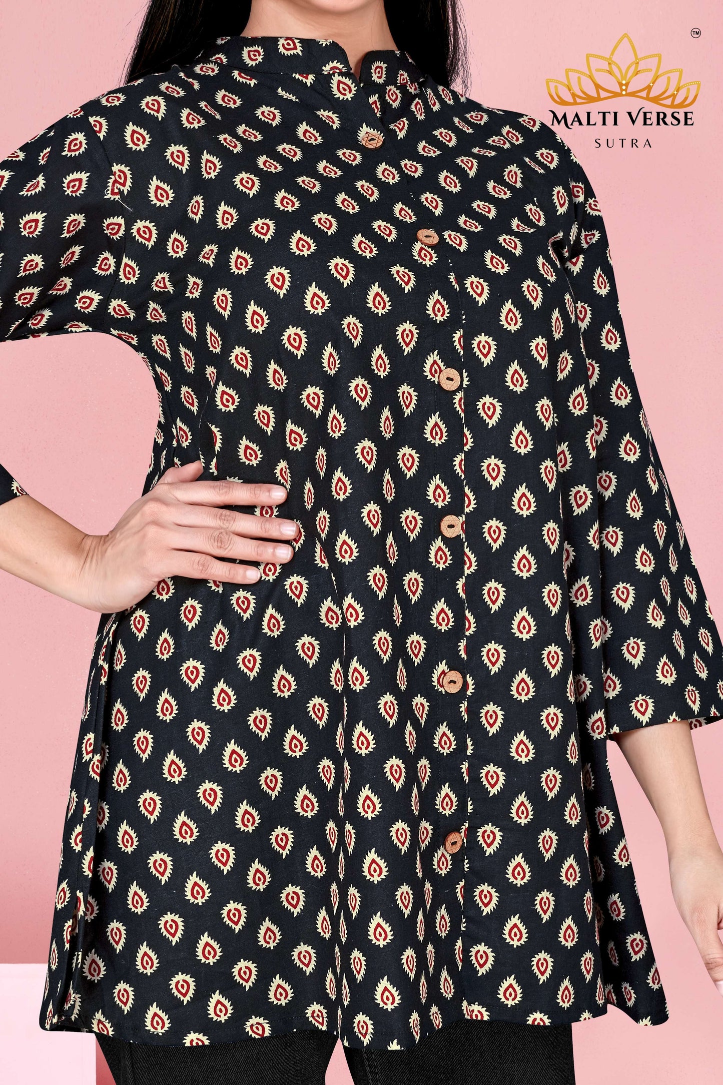 LAZURI BOUTIQUE Women’s Premium Pure Cotton Printed Kurti | Black & Beige Ikat-Inspired Design | Elegant & Comfortable Daily Wear