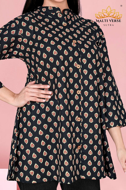 LAZURI BOUTIQUE Women’s Premium Pure Cotton Printed Kurti | Black & Beige Ikat-Inspired Design | Elegant & Comfortable Daily Wear