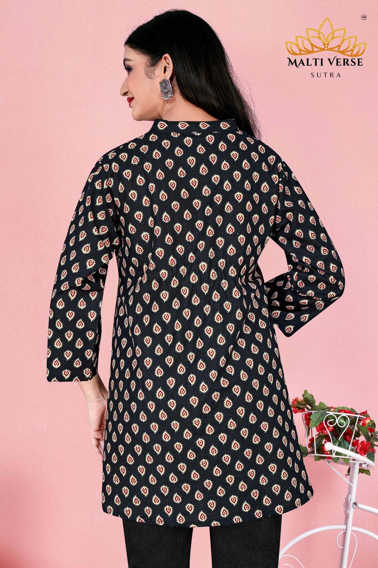 LAZURI BOUTIQUE Women’s Premium Pure Cotton Printed Kurti | Black & Beige Ikat-Inspired Design | Elegant & Comfortable Daily Wear