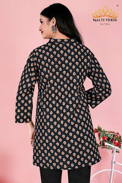 LAZURI BOUTIQUE Women’s Premium Pure Cotton Printed Kurti | Black & Beige Ikat-Inspired Design | Elegant & Comfortable Daily Wear