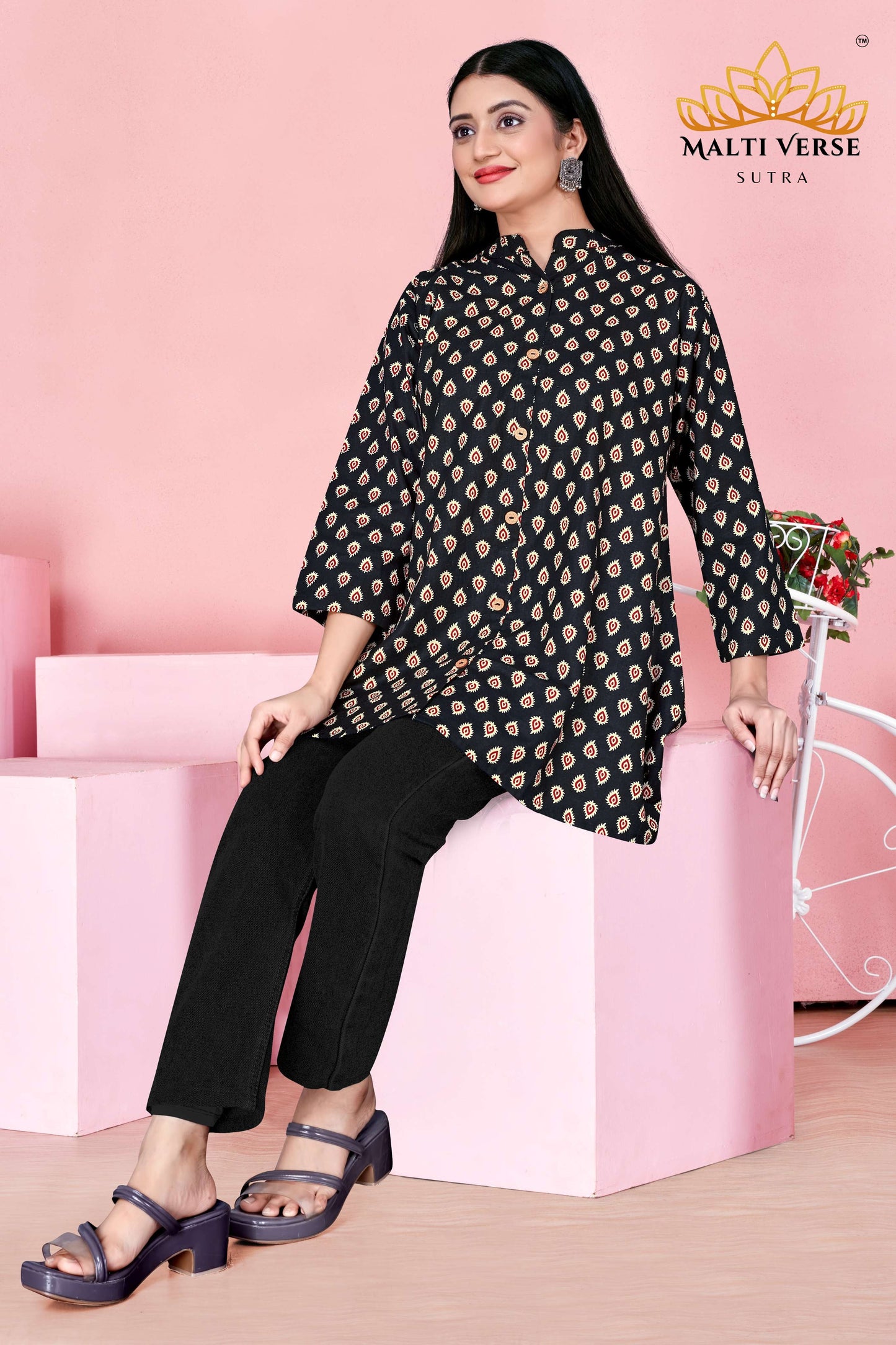 LAZURI BOUTIQUE Women’s Premium Pure Cotton Printed Kurti | Black & Beige Ikat-Inspired Design | Elegant & Comfortable Daily Wear