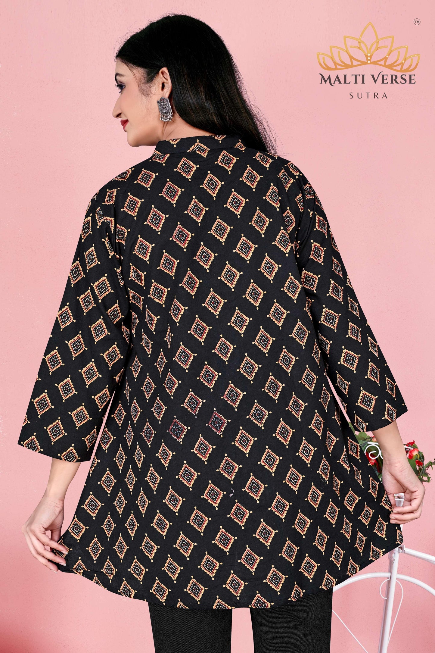 LAZURI BOUTIQUE Women’s Premium Pure Cotton Printed Kurti | Black & Gold Geometric Elegance | Soft & Stylish Everyday Wear