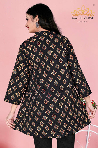 LAZURI BOUTIQUE Women’s Premium Pure Cotton Printed Kurti | Black & Gold Geometric Elegance | Soft & Stylish Everyday Wear