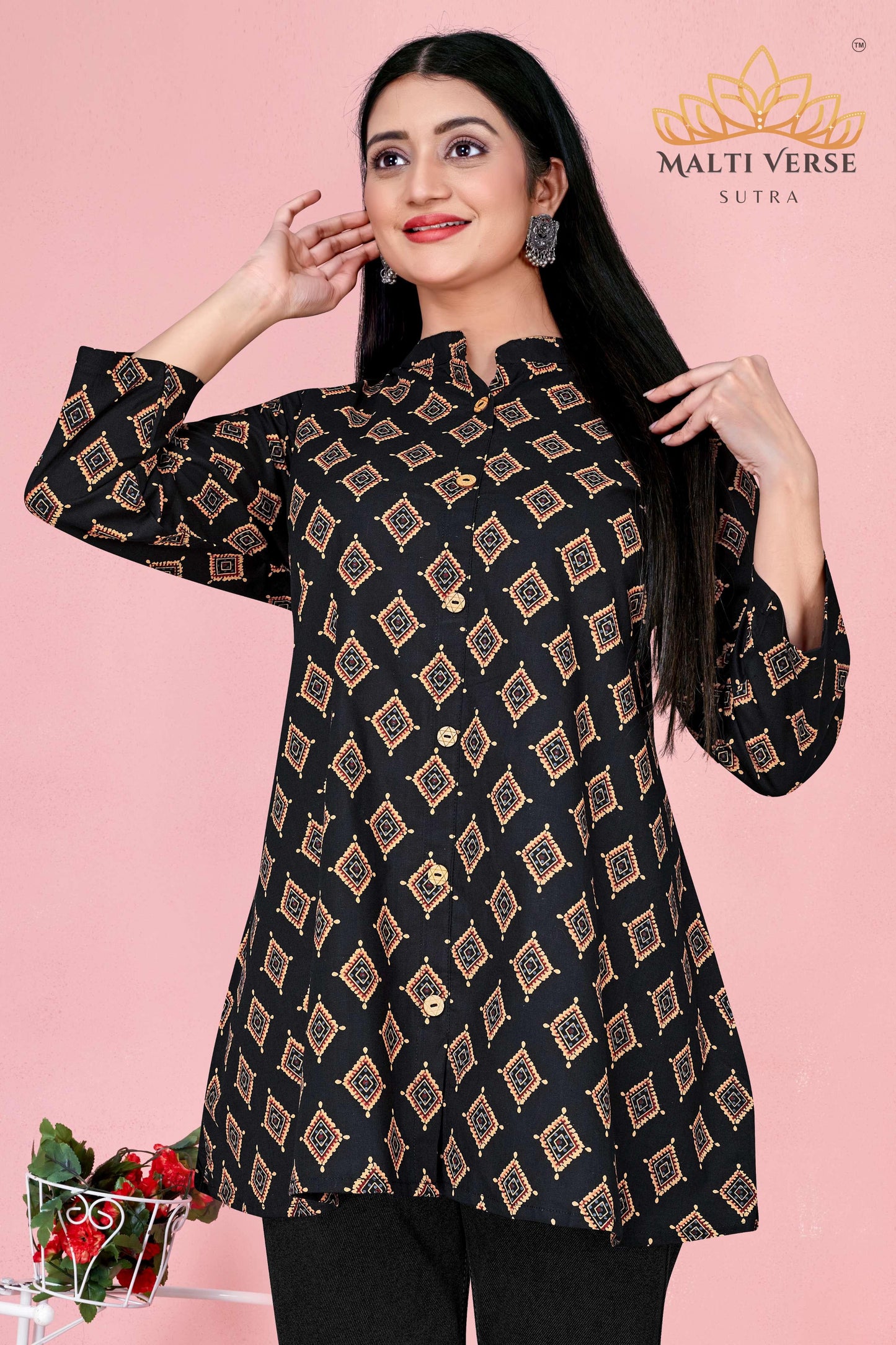 LAZURI BOUTIQUE Women’s Premium Pure Cotton Printed Kurti | Black & Gold Geometric Elegance | Soft & Stylish Everyday Wear