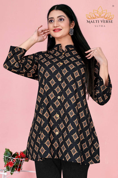 LAZURI BOUTIQUE Women’s Premium Pure Cotton Printed Kurti | Black & Gold Geometric Elegance | Soft & Stylish Everyday Wear