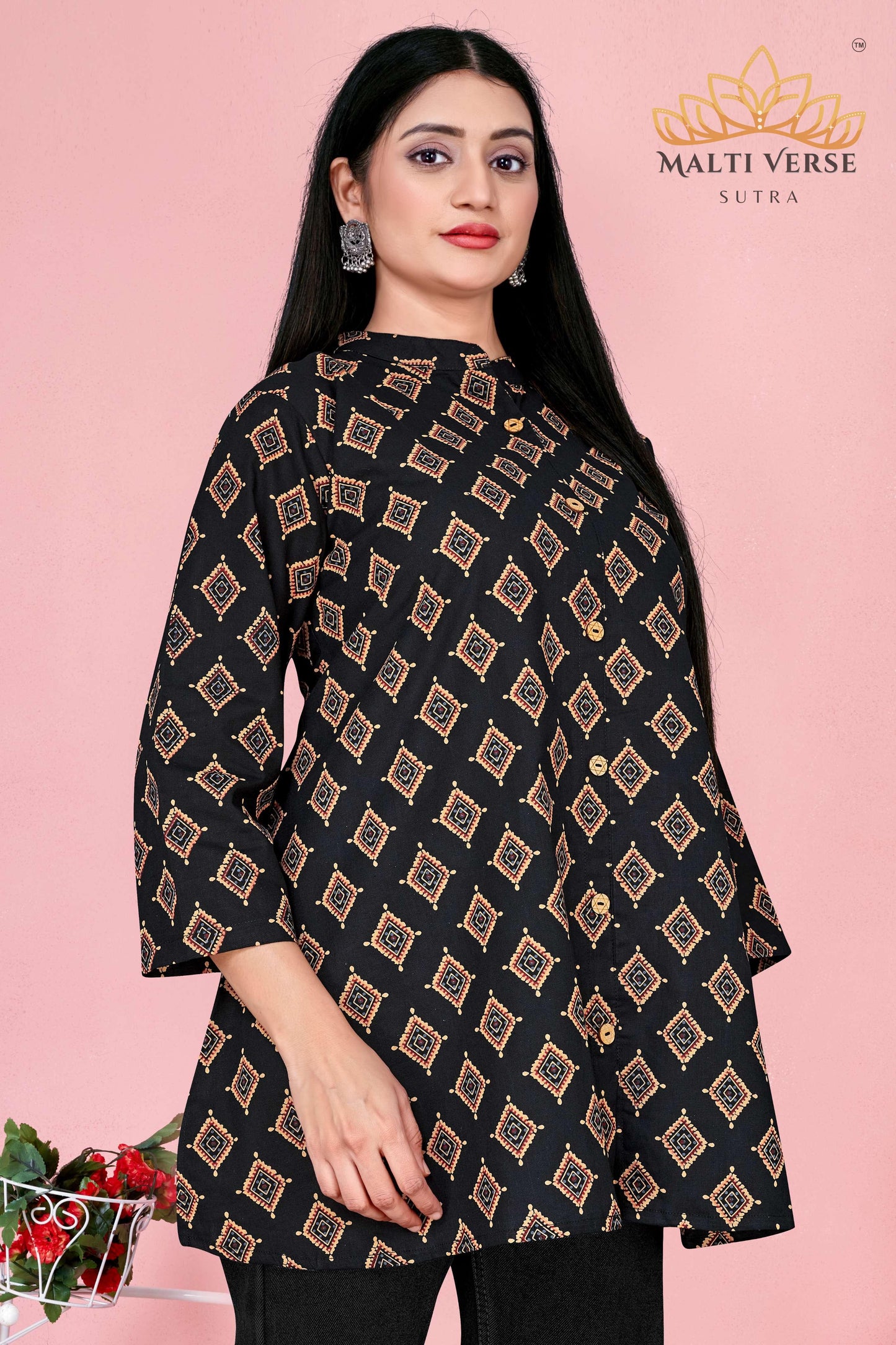 LAZURI BOUTIQUE Women’s Premium Pure Cotton Printed Kurti | Black & Gold Geometric Elegance | Soft & Stylish Everyday Wear