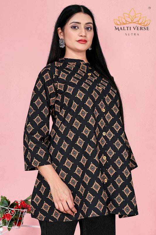 LAZURI BOUTIQUE Women’s Premium Pure Cotton Printed Kurti | Black & Gold Geometric Elegance | Soft & Stylish Everyday Wear