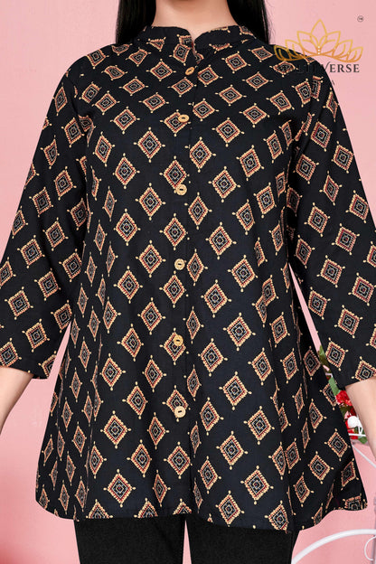 LAZURI BOUTIQUE Women’s Premium Pure Cotton Printed Kurti | Black & Gold Geometric Elegance | Soft & Stylish Everyday Wear