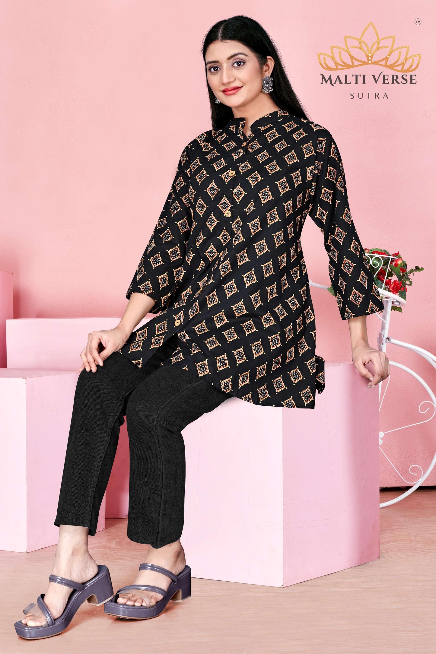 LAZURI BOUTIQUE Women’s Premium Pure Cotton Printed Kurti | Black & Gold Geometric Elegance | Soft & Stylish Everyday Wear