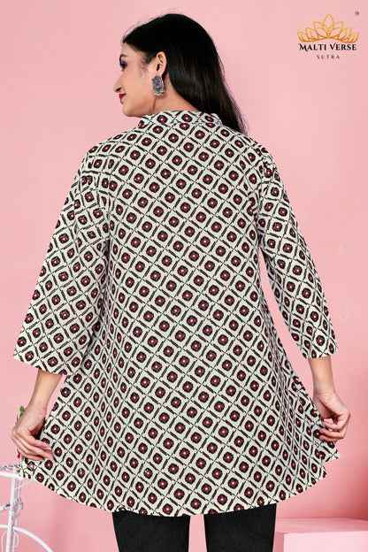 LAZURI BOUTIQUE Women’s Premium Pure Cotton Printed Kurti | Cream & Maroon Geometric Elegance | Stylish & Comfortable Daily Wear