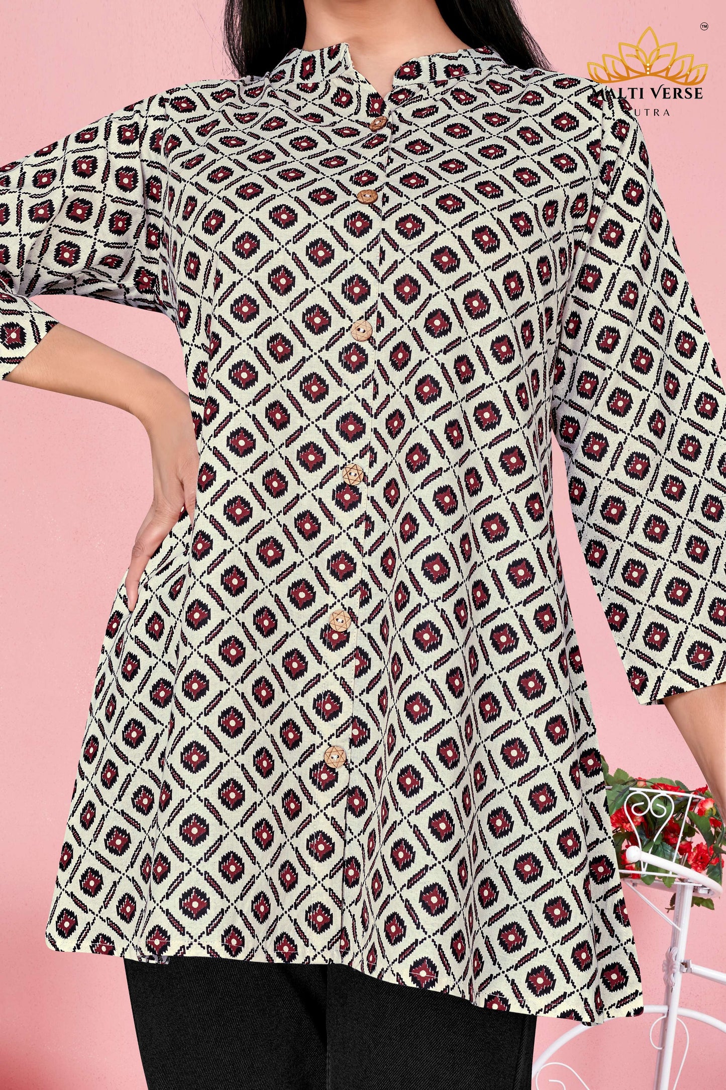LAZURI BOUTIQUE Women’s Premium Pure Cotton Printed Kurti | Cream & Maroon Geometric Elegance | Stylish & Comfortable Daily Wear
