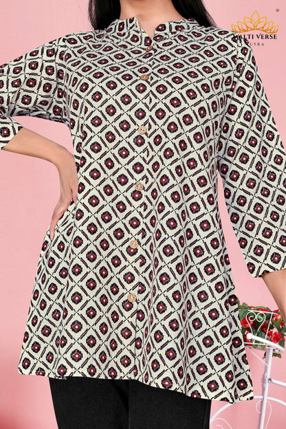LAZURI BOUTIQUE Women’s Premium Pure Cotton Printed Kurti | Cream & Maroon Geometric Elegance | Stylish & Comfortable Daily Wear