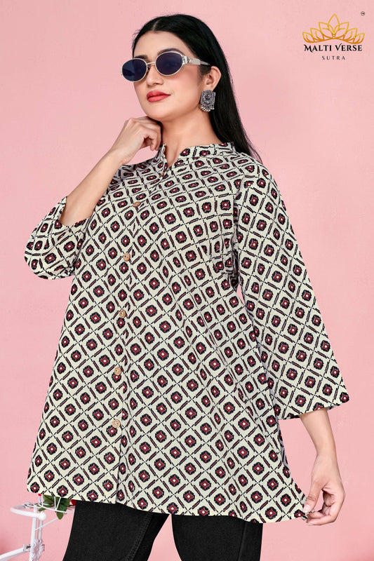 LAZURI BOUTIQUE Women’s Premium Pure Cotton Printed Kurti | Cream & Maroon Geometric Elegance | Stylish & Comfortable Daily Wear