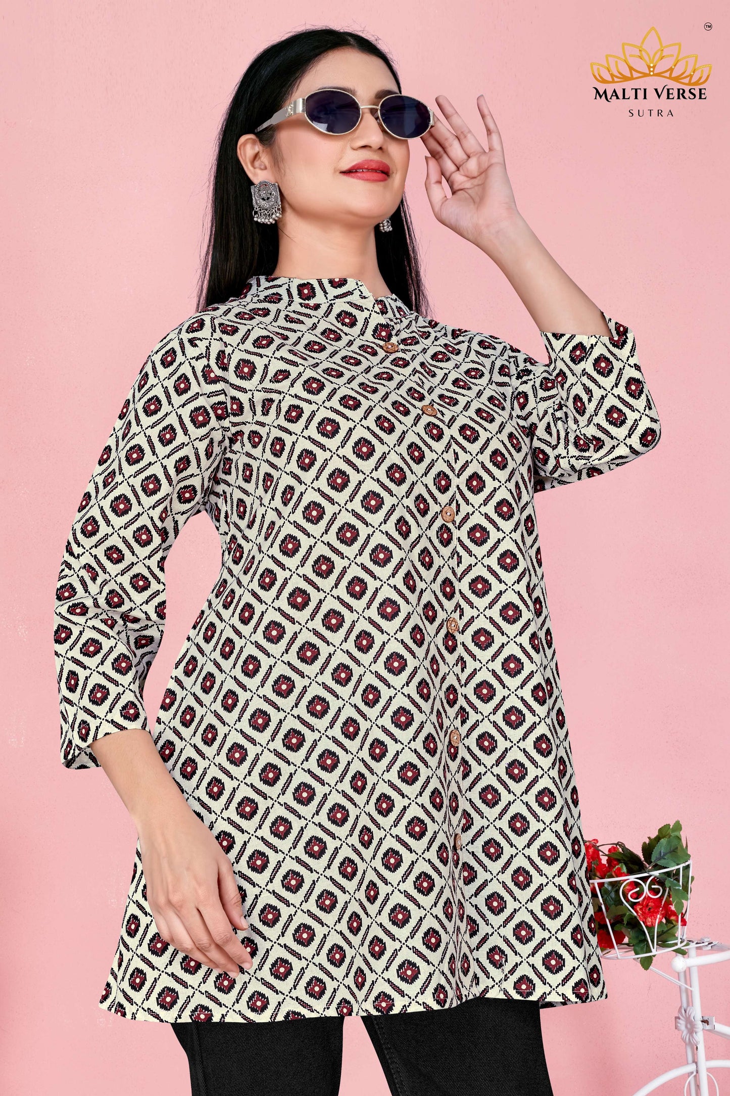 LAZURI BOUTIQUE Women’s Premium Pure Cotton Printed Kurti | Cream & Maroon Geometric Elegance | Stylish & Comfortable Daily Wear