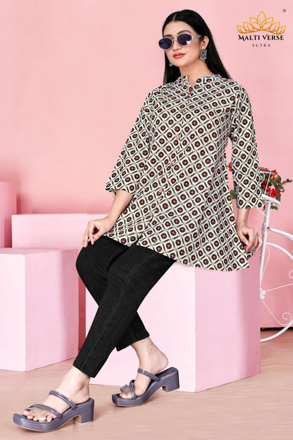 LAZURI BOUTIQUE Women’s Premium Pure Cotton Printed Kurti | Cream & Maroon Geometric Elegance | Stylish & Comfortable Daily Wear