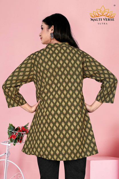 LAZURI BOUTIQUE Women’s Premium 100% PURE COTTON Printed Kurti | Olive Green Floral Elegance | Soft, Stylish & Breathable Daily Wear