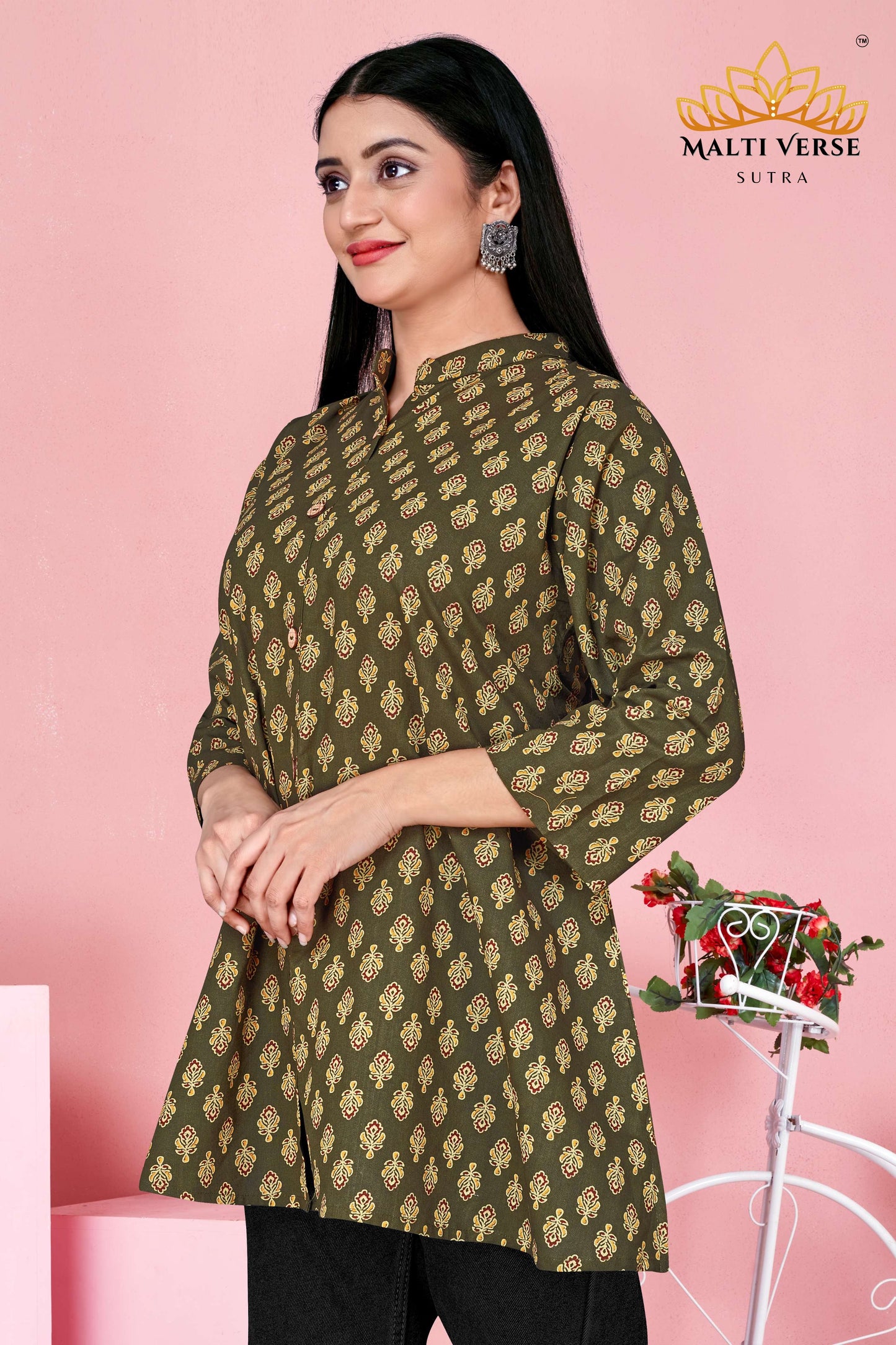 LAZURI BOUTIQUE Women’s Premium 100% PURE COTTON Printed Kurti | Olive Green Floral Elegance | Soft, Stylish & Breathable Daily Wear