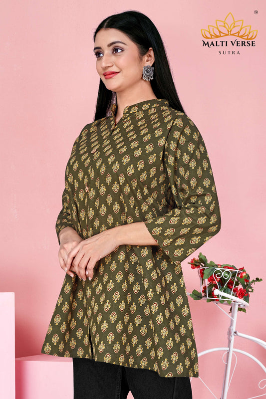 LAZURI BOUTIQUE Women’s Premium 100% PURE COTTON Printed Kurti | Olive Green Floral Elegance | Soft, Stylish & Breathable Daily Wear