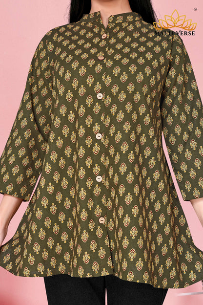 LAZURI BOUTIQUE Women’s Premium 100% PURE COTTON Printed Kurti | Olive Green Floral Elegance | Soft, Stylish & Breathable Daily Wear