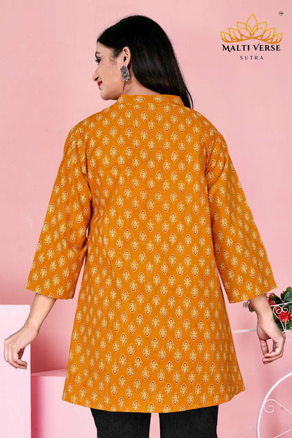 LAZURI BOUTIQUE Women’s Premium 100% PURE COTTON Mustard Yellow Printed Kurti | Elegant Floral Design | Soft, Breathable & Stylish Everyday Wear