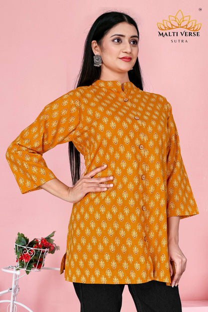 LAZURI BOUTIQUE Women’s Premium 100% PURE COTTON Mustard Yellow Printed Kurti | Elegant Floral Design | Soft, Breathable & Stylish Everyday Wear