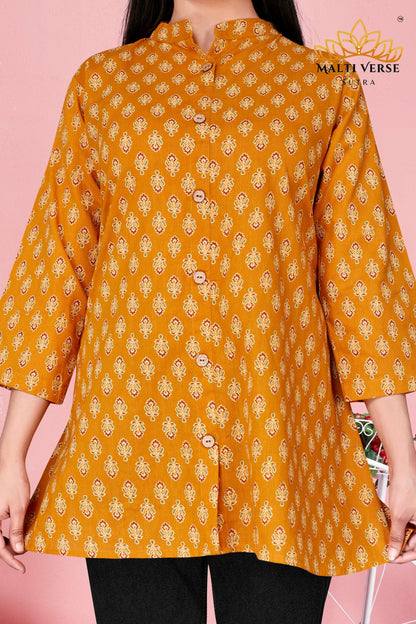 LAZURI BOUTIQUE Women’s Premium 100% PURE COTTON Mustard Yellow Printed Kurti | Elegant Floral Design | Soft, Breathable & Stylish Everyday Wear