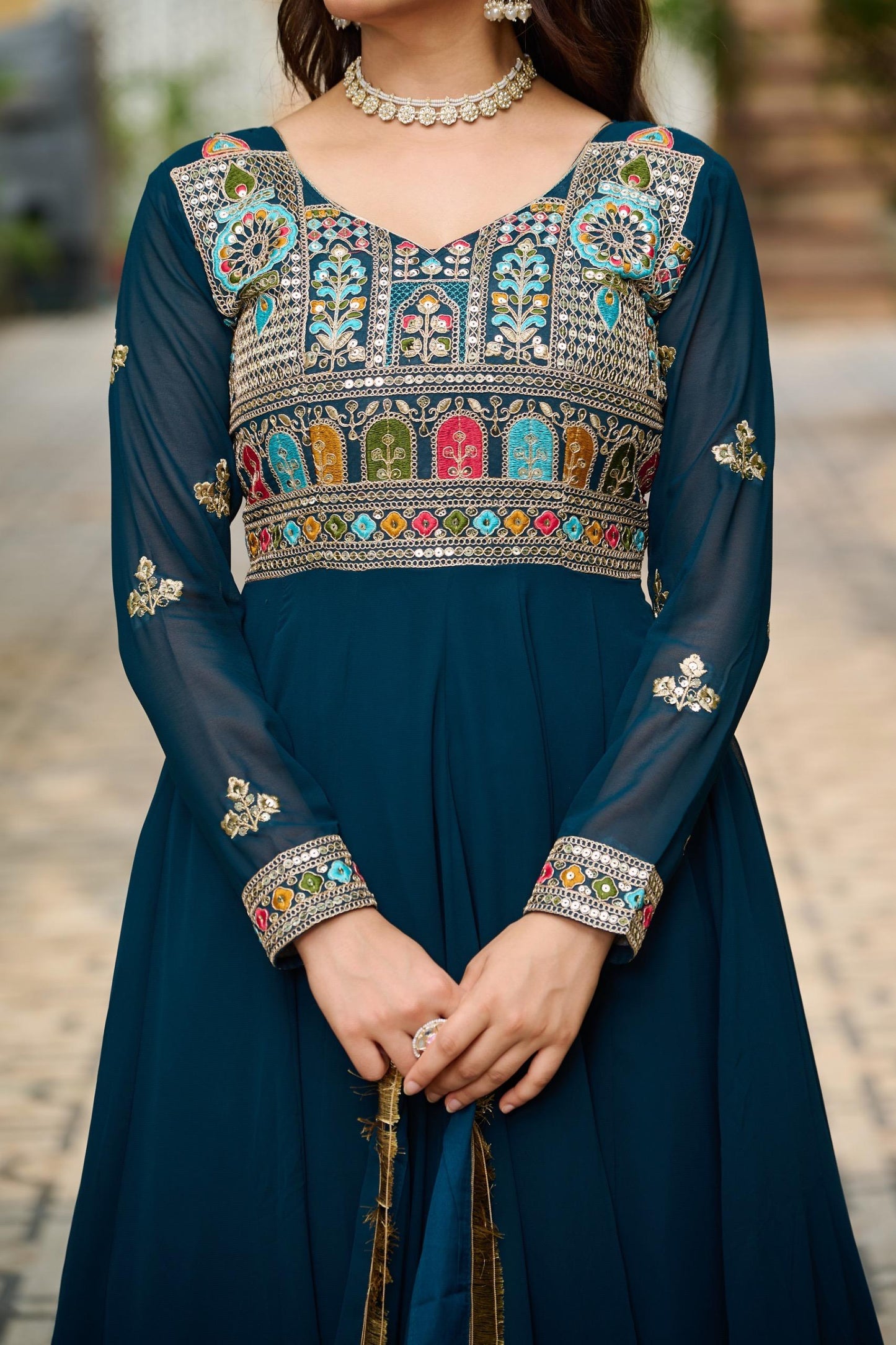 Teal Blue Flared Anarkali Gown with Embroidered Yoke
