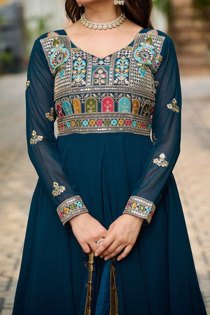 Teal Blue Flared Anarkali Gown with Embroidered Yoke