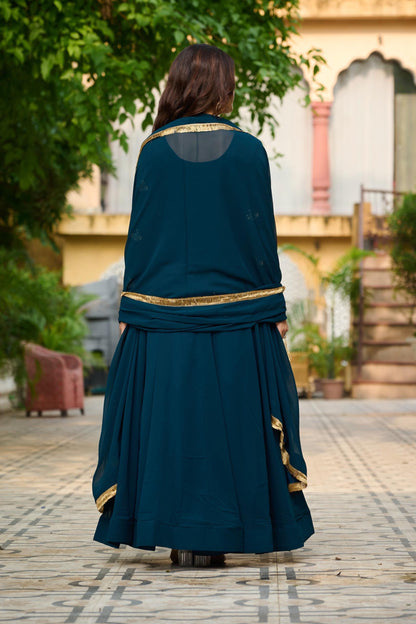 Teal Blue Flared Anarkali Gown with Embroidered Yoke