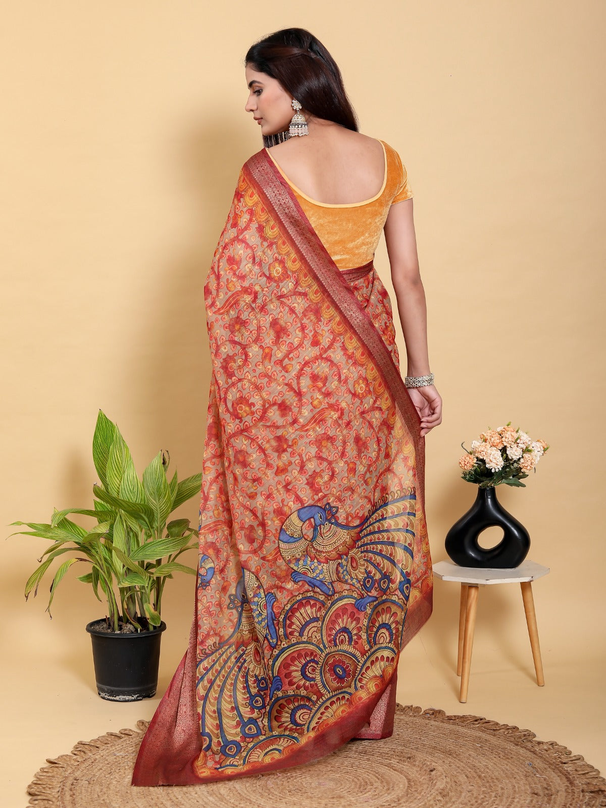 Traditional Printed Saree with Peacock Motif and Heavy Zari Border