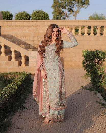 Pastel Mint and Pink Heavily Embroidered Salwar Suit