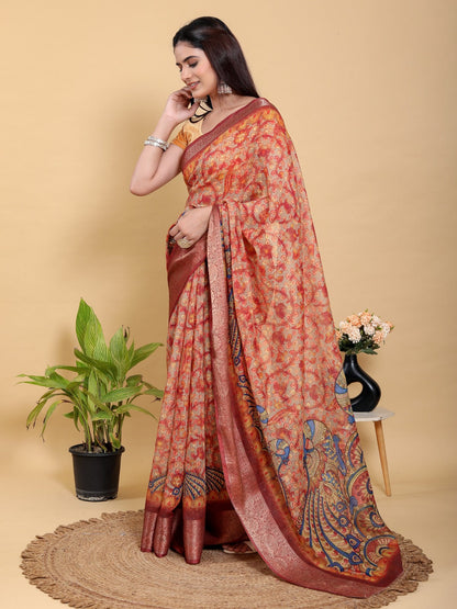 Traditional Printed Saree with Peacock Motif and Heavy Zari Border