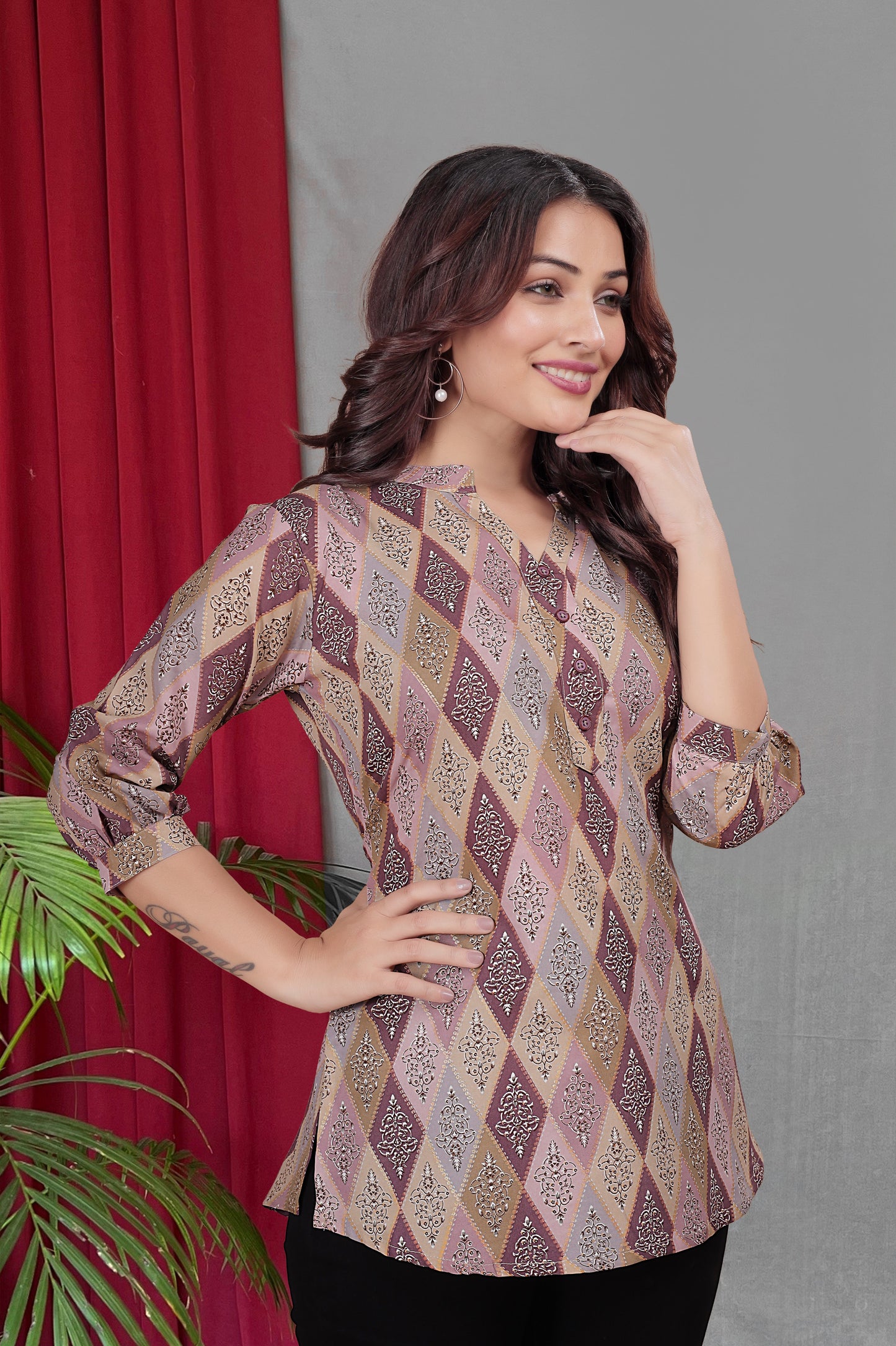 Trendy Printed V-Neck Tunic Top