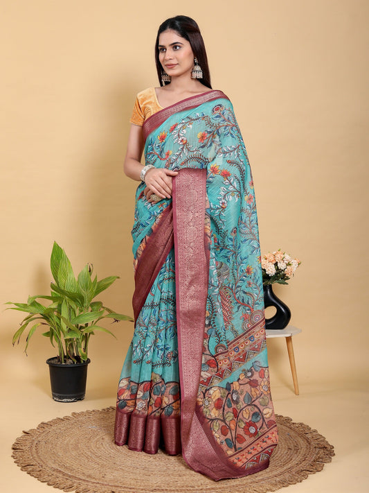 Teal Blue Printed Saree with Traditional Motifs and Zari Border