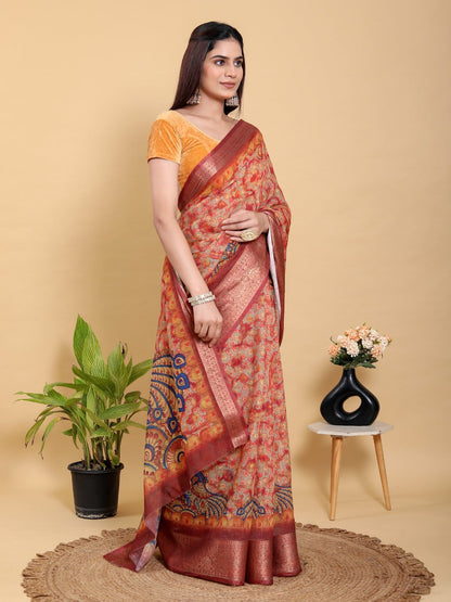 Traditional Printed Saree with Peacock Motif and Heavy Zari Border
